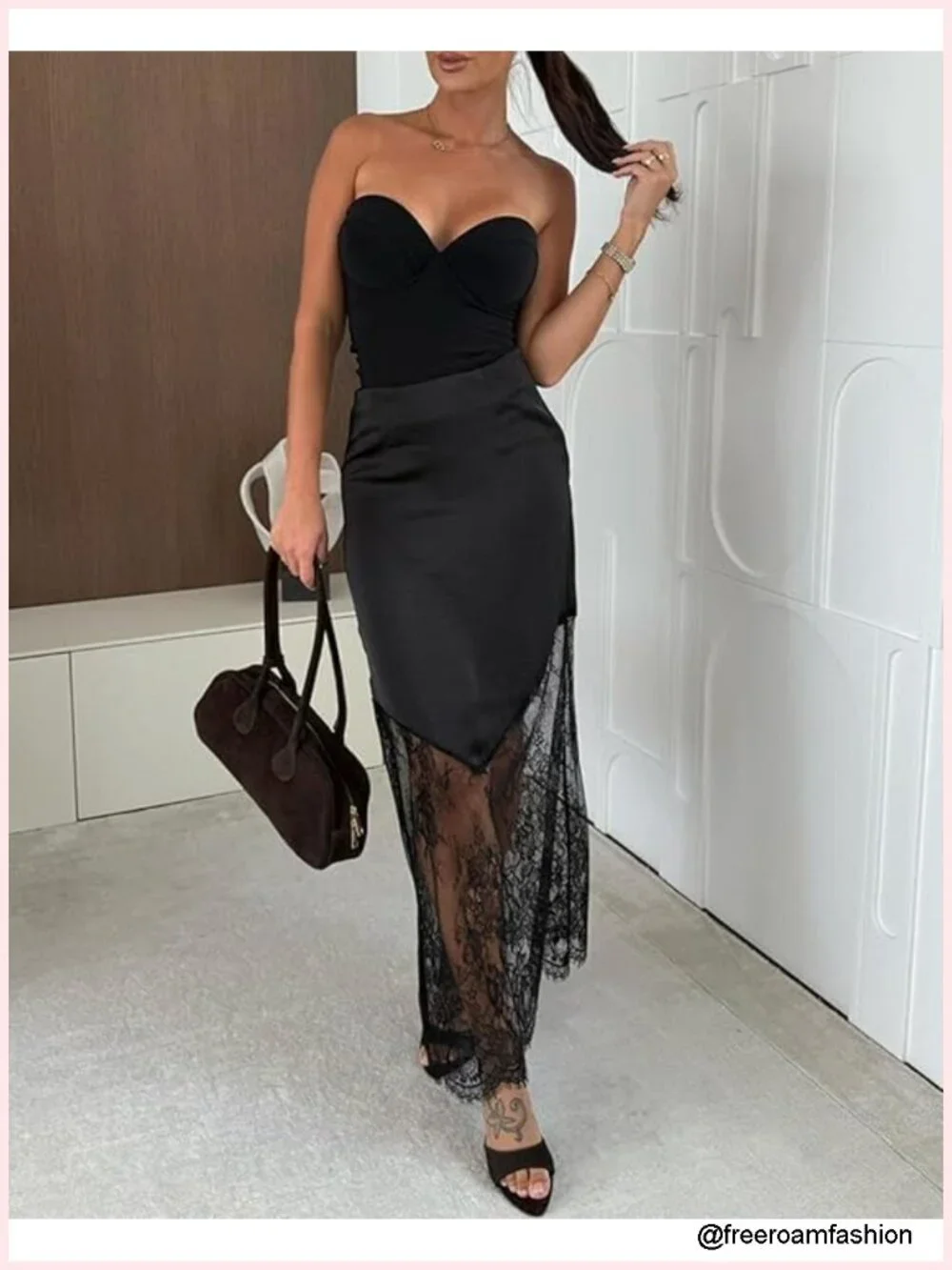 Satin Lace Patchwork High Waist A-Line Maxi Skirt Y2K Flowy Wrap